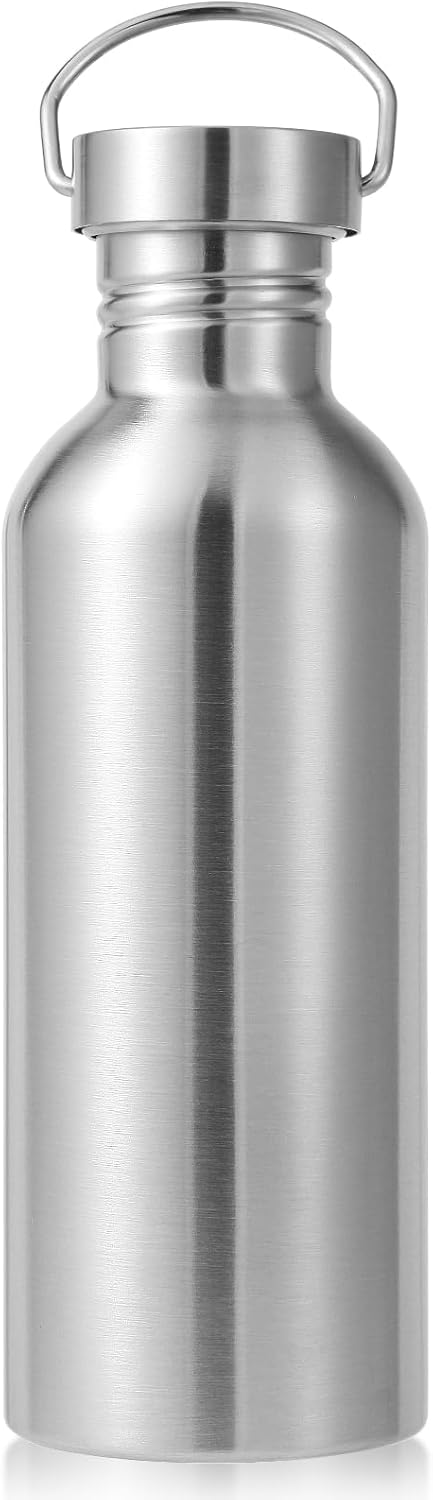 Volhoply 32oz Uninsulated Single Walled Water Bottle, Stainless Steel Reusable Water Bottles with Handle, BPA Free & Plastic Free 18/8 304 Metal Water Bottles for Camping, Hikers, Cyclists