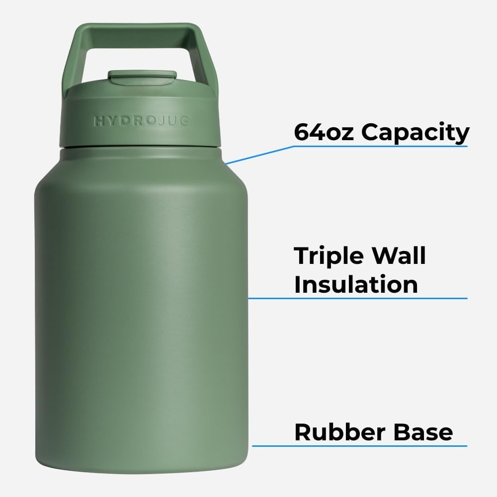 HydroJug Sport - Stainless Steel Tumbler with Straw, Vacuum Insulated, 64oz Leakproof Water Bottle, Ergonomic Design, Reusable, Dishwasher Safe, Rubber Base, Durable for Gym or Outdoors, Light Blue