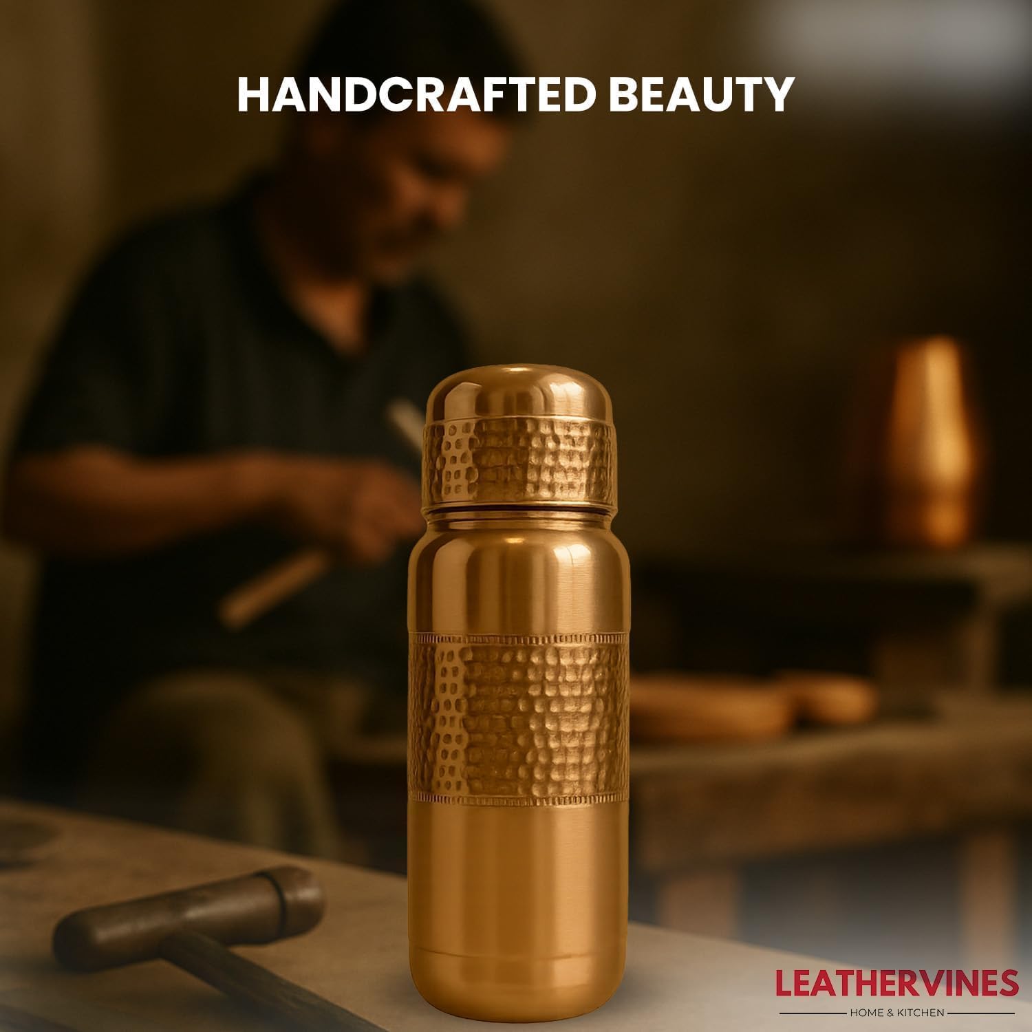 Leathervine 100% Pure Copper Water Bottle for Drinking 64 oz with Lid| Leak Proof Ayurvedic Vessel to Support Digestion, Immunity | Lightweight, Eco-Friendly, Travel Use, Best Gift for Wellness Lovers