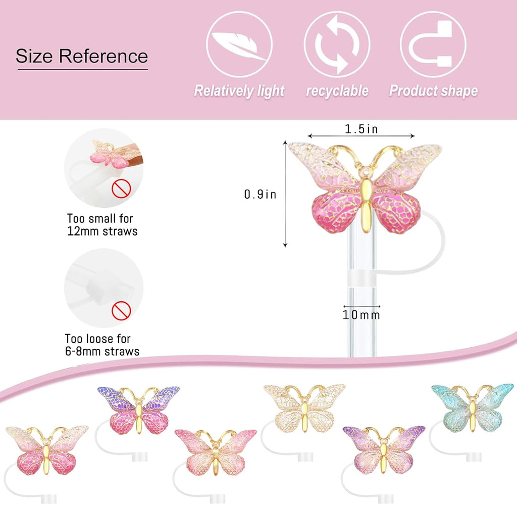 6PCS Cute Butterfly Straw Cover Cap for Stanley Cup Accessories,Bling Straw Toppers for Stanley Tumbler 40&30 oz,Reusable Straws Tips Protectors Compatible with 10mm Straws