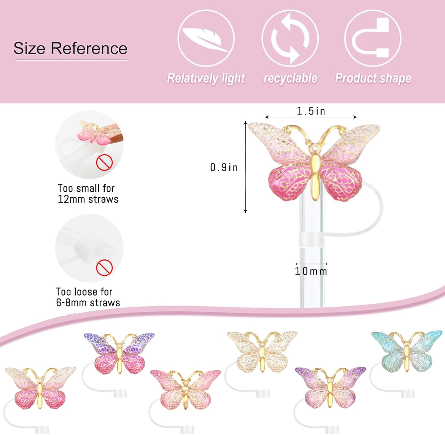 6PCS Cute Butterfly Straw Cover Cap for Stanley Cup Accessories,Bling Straw Toppers for Stanley Tumbler 40&30 oz,Reusable Straws Tips Protectors Compatible with 10mm Straws