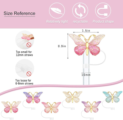 6PCS Cute Butterfly Straw Cover Cap for Stanley Cup Accessories,Bling Straw Toppers for Stanley Tumbler 40&30 oz,Reusable Straws Tips Protectors Compatible with 10mm Straws