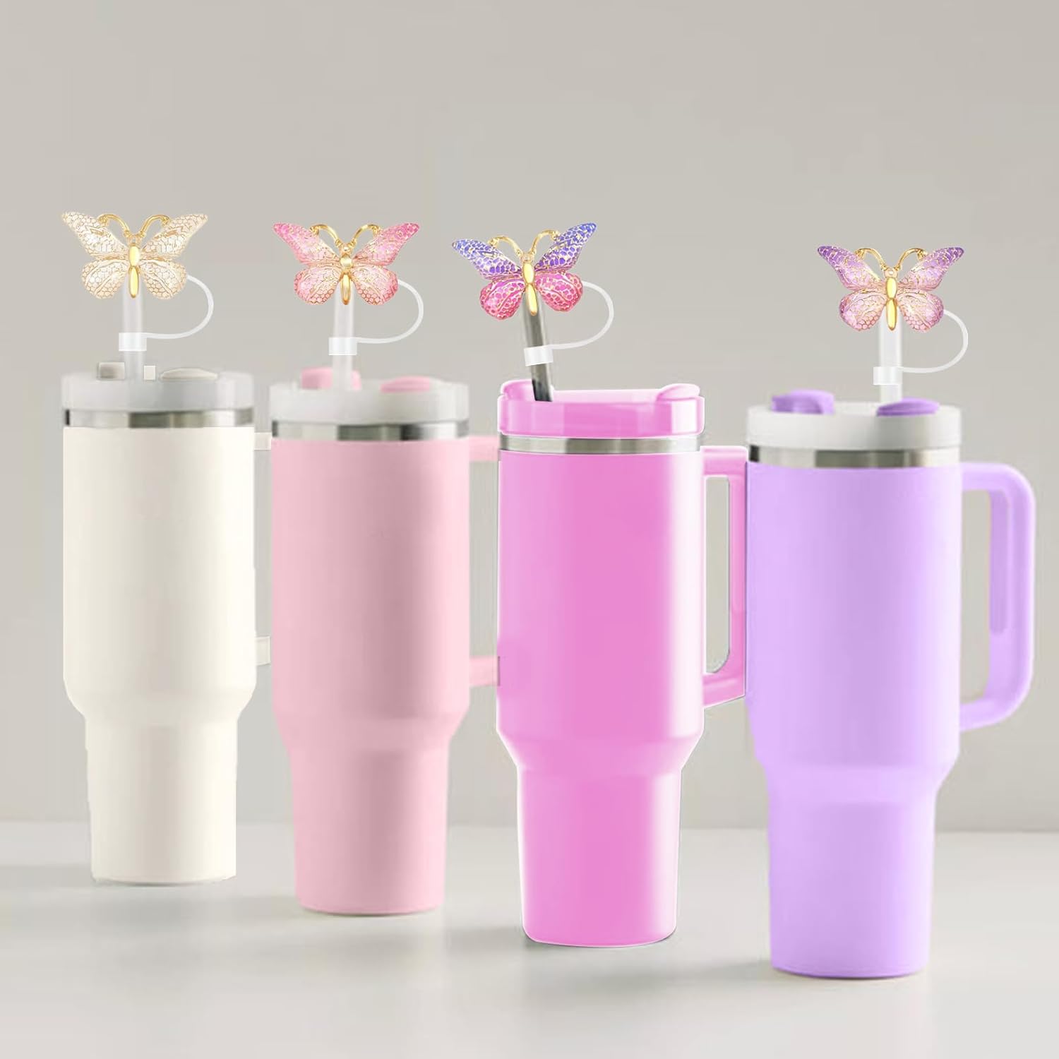 6PCS Cute Butterfly Straw Cover Cap for Stanley Cup Accessories,Bling Straw Toppers for Stanley Tumbler 40&30 oz,Reusable Straws Tips Protectors Compatible with 10mm Straws
