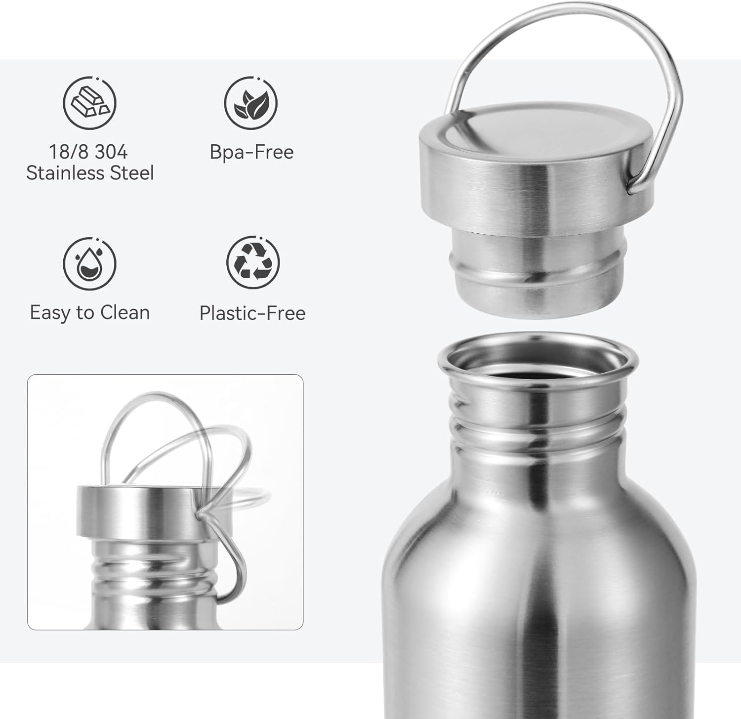 Volhoply 32oz Uninsulated Single Walled Water Bottle, Stainless Steel Reusable Water Bottles with Handle, BPA Free & Plastic Free 18/8 304 Metal Water Bottles for Camping, Hikers, Cyclists