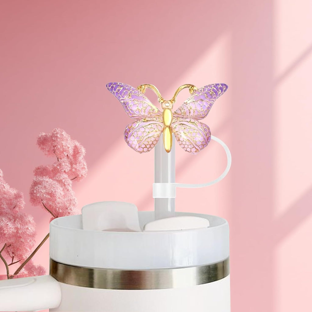 6PCS Cute Butterfly Straw Cover Cap for Stanley Cup Accessories,Bling Straw Toppers for Stanley Tumbler 40&30 oz,Reusable Straws Tips Protectors Compatible with 10mm Straws