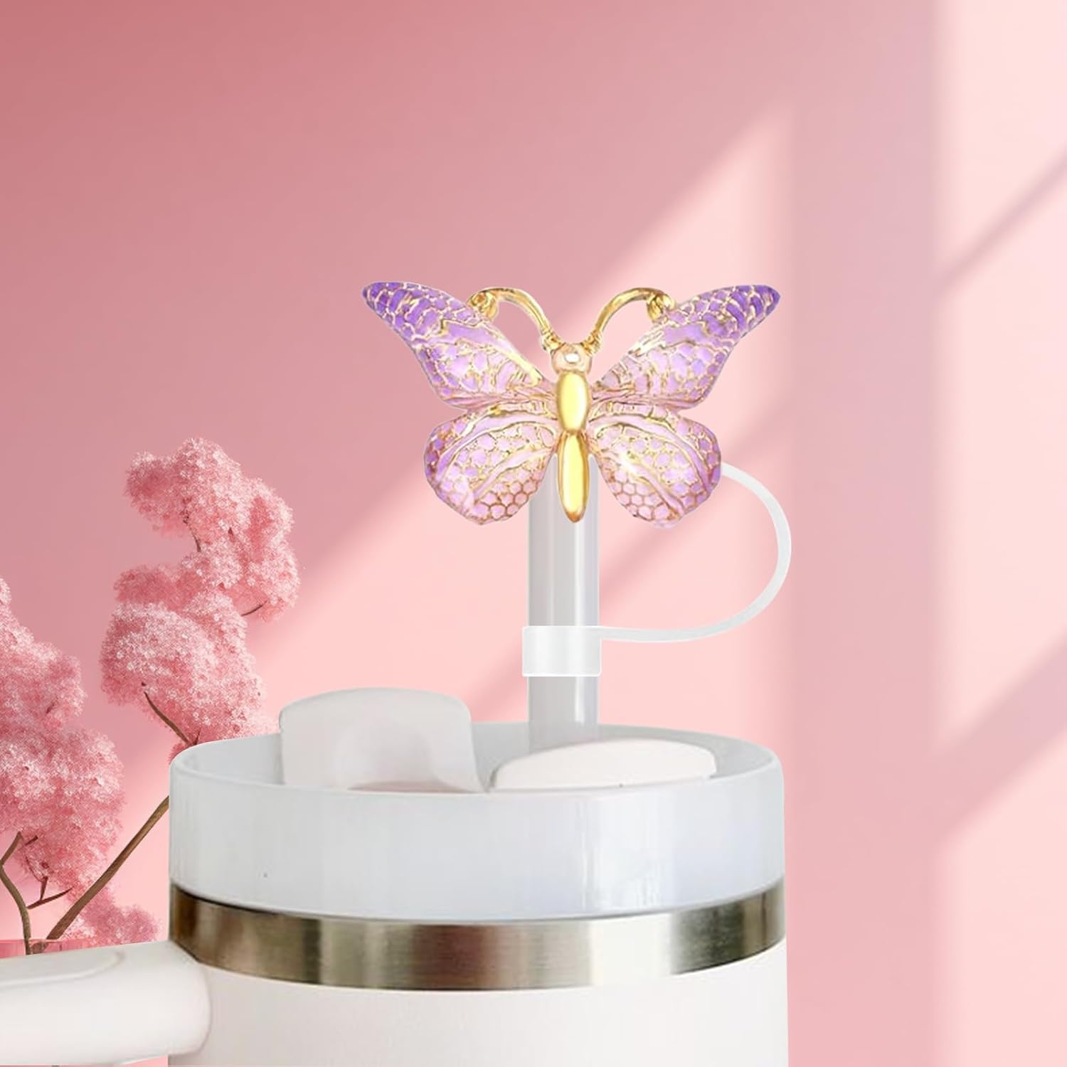 6PCS Cute Butterfly Straw Cover Cap for Stanley Cup Accessories,Bling Straw Toppers for Stanley Tumbler 40&30 oz,Reusable Straws Tips Protectors Compatible with 10mm Straws