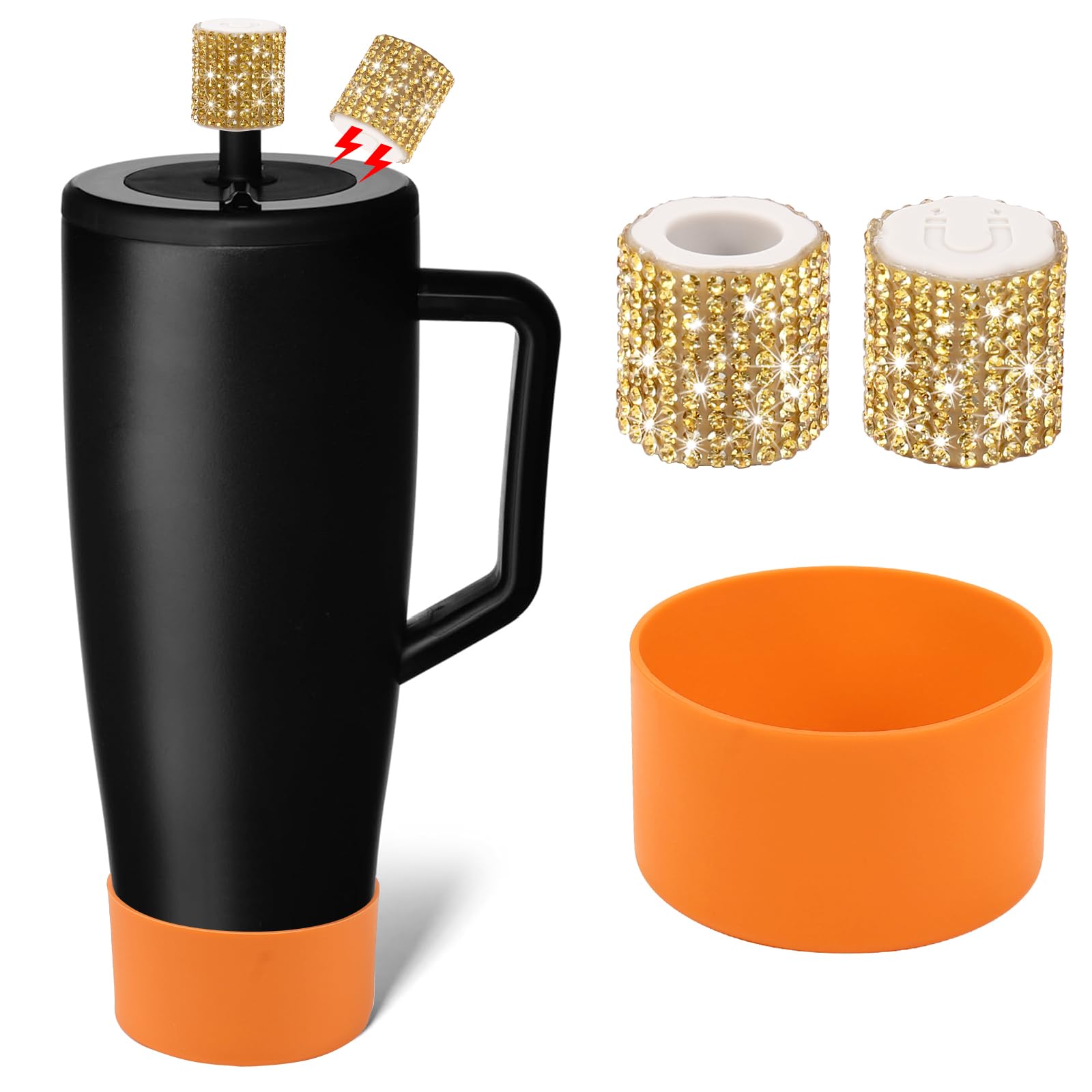 Silicone Boot and Rhinestone Magnetic Straw Cover Cap Compatible with BrüMate Era | Anti-Slip Silicone Protector for 40 oz Tumbler with Handle | Accessory Set for Stainless Steel Drinking Cup