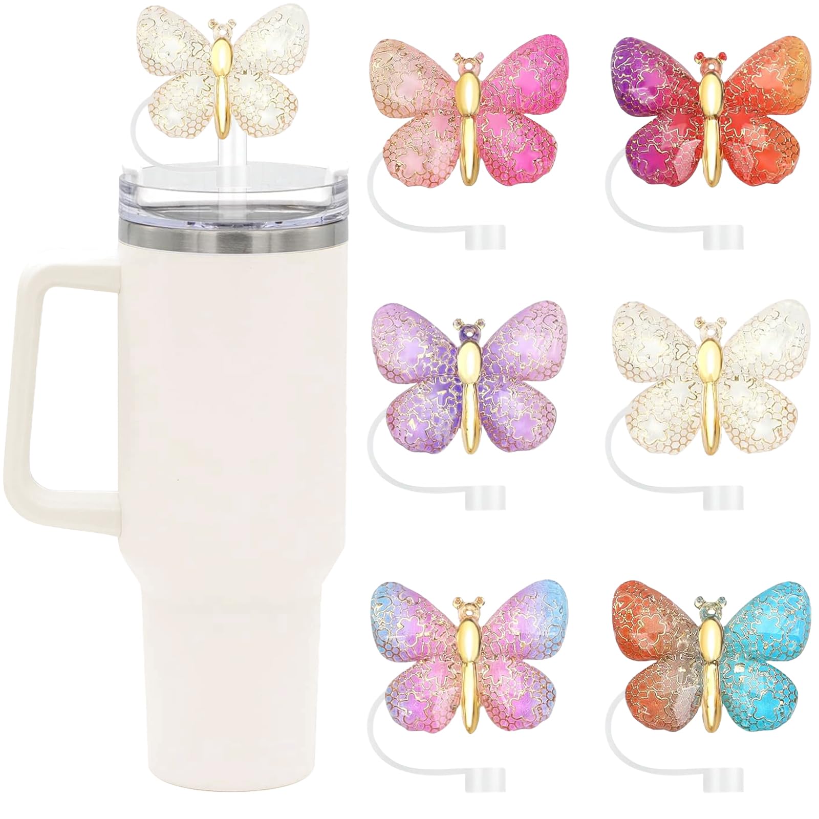 6PCS Cute Butterfly Straw Cover Cap for Stanley Cup Accessories,Bling Straw Toppers for Stanley Tumbler 40&30 oz,Reusable Straws Tips Protectors Compatible with 10mm Straws