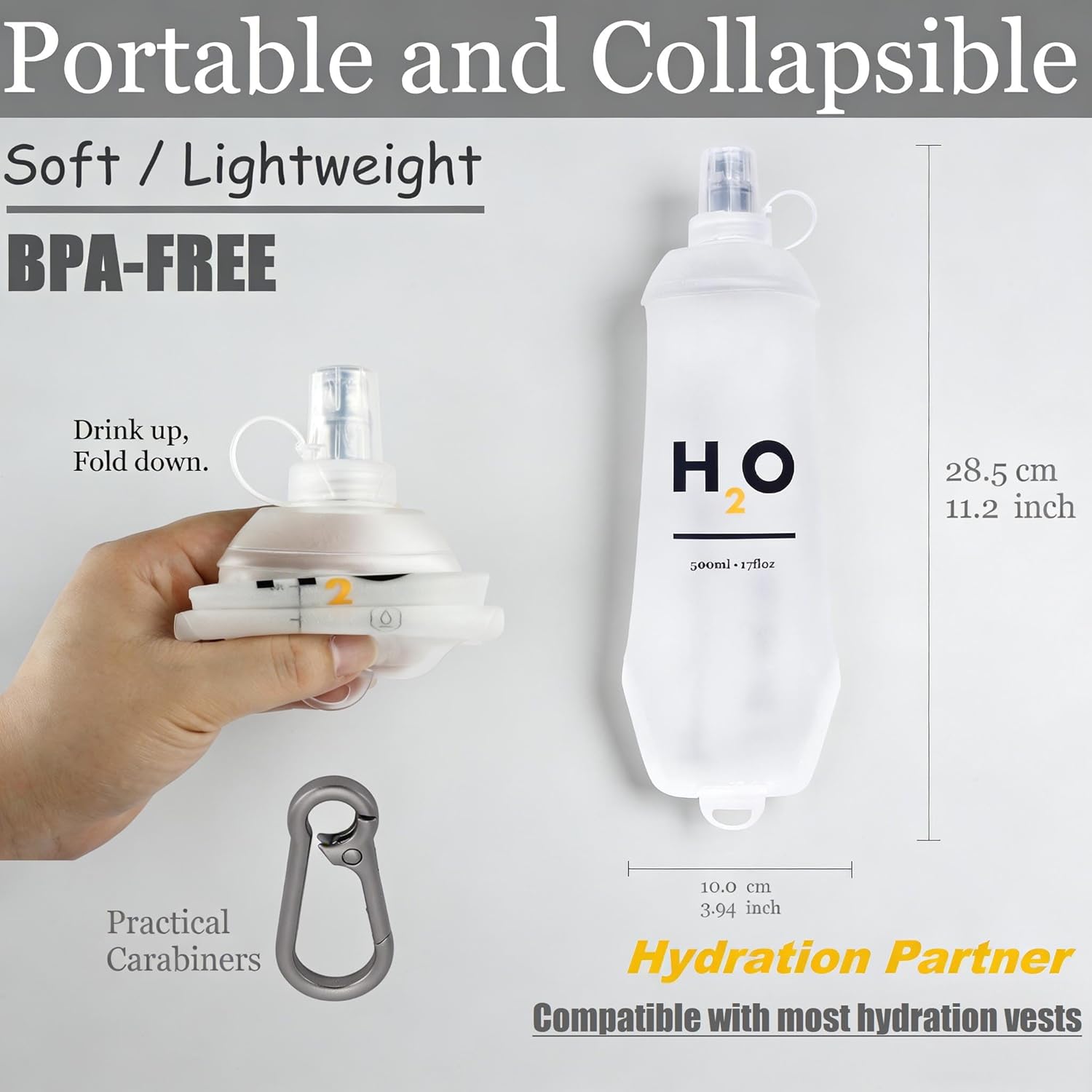 Collapsible TPU Soft Flask 500ml Leakproof Hydration Bottle with High-Flow Bite Valve for Hydration Vest Running, Hiking, Cycling & Climbing, Lightweight Foldable Water Bottle (1pc 500ml17oz)