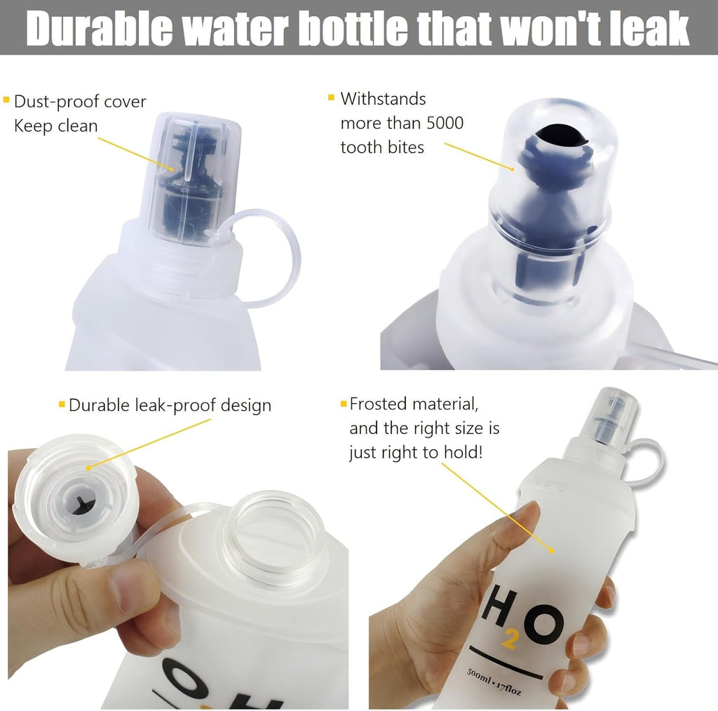 Collapsible TPU Soft Flask 500ml Leakproof Hydration Bottle with High-Flow Bite Valve for Hydration Vest Running, Hiking, Cycling & Climbing, Lightweight Foldable Water Bottle (1pc 500ml17oz)