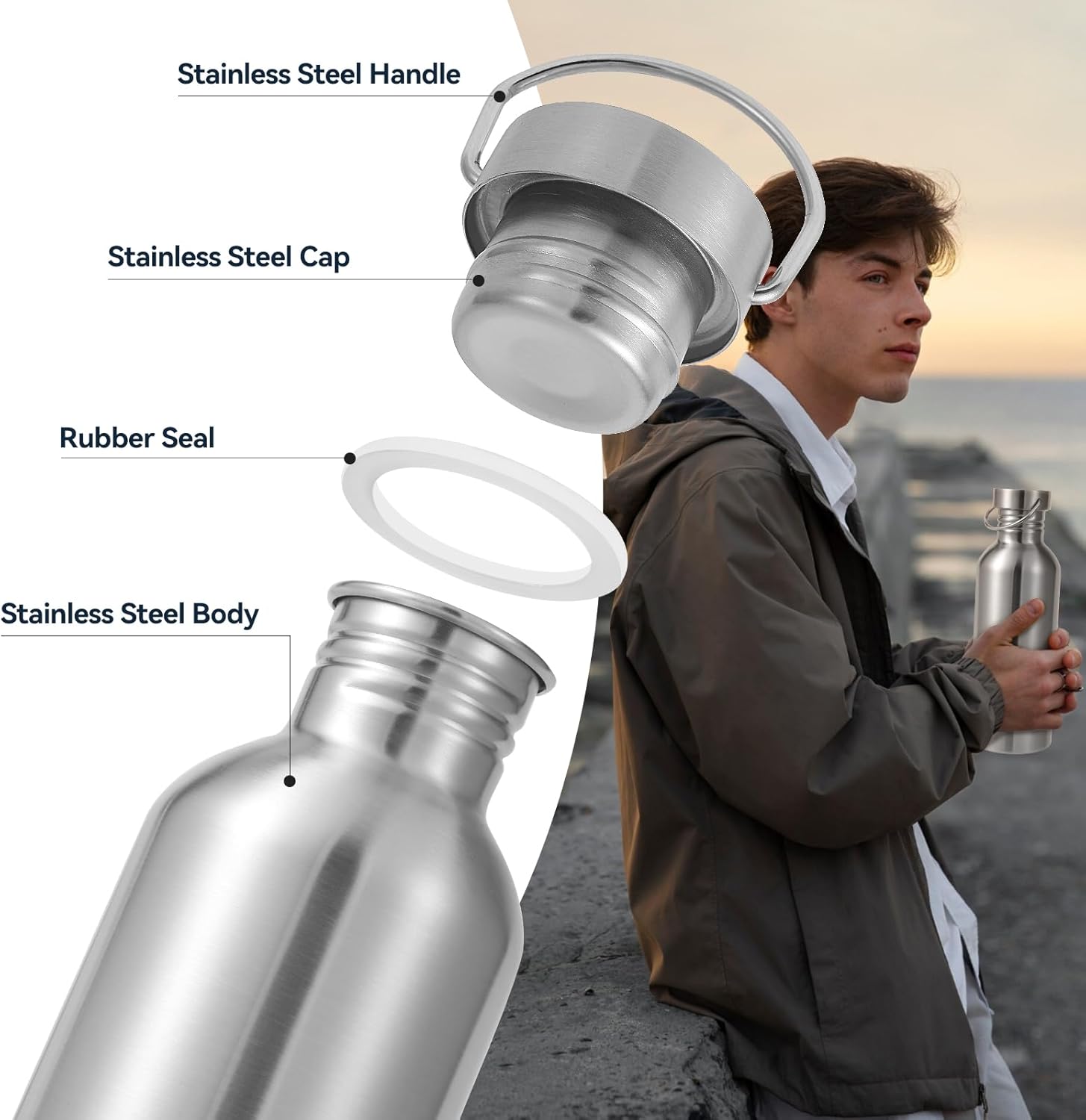 Volhoply 32oz Uninsulated Single Walled Water Bottle, Stainless Steel Reusable Water Bottles with Handle, BPA Free & Plastic Free 18/8 304 Metal Water Bottles for Camping, Hikers, Cyclists