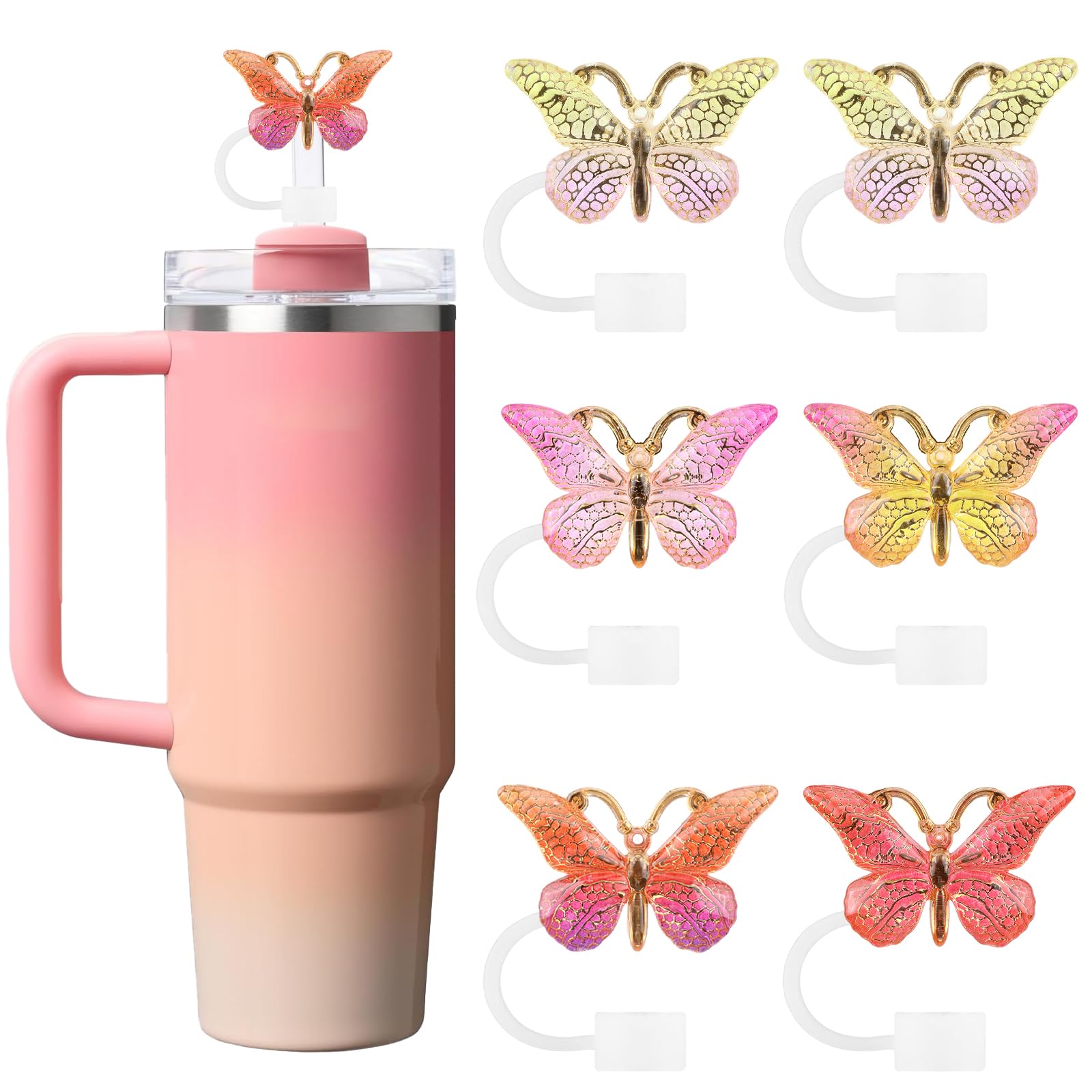 6PCS Cute Butterfly Straw Cover Cap for Stanley Cup Accessories,Bling Straw Toppers for Stanley Tumbler 40&30 oz,Reusable Straws Tips Protectors Compatible with 10mm Straws