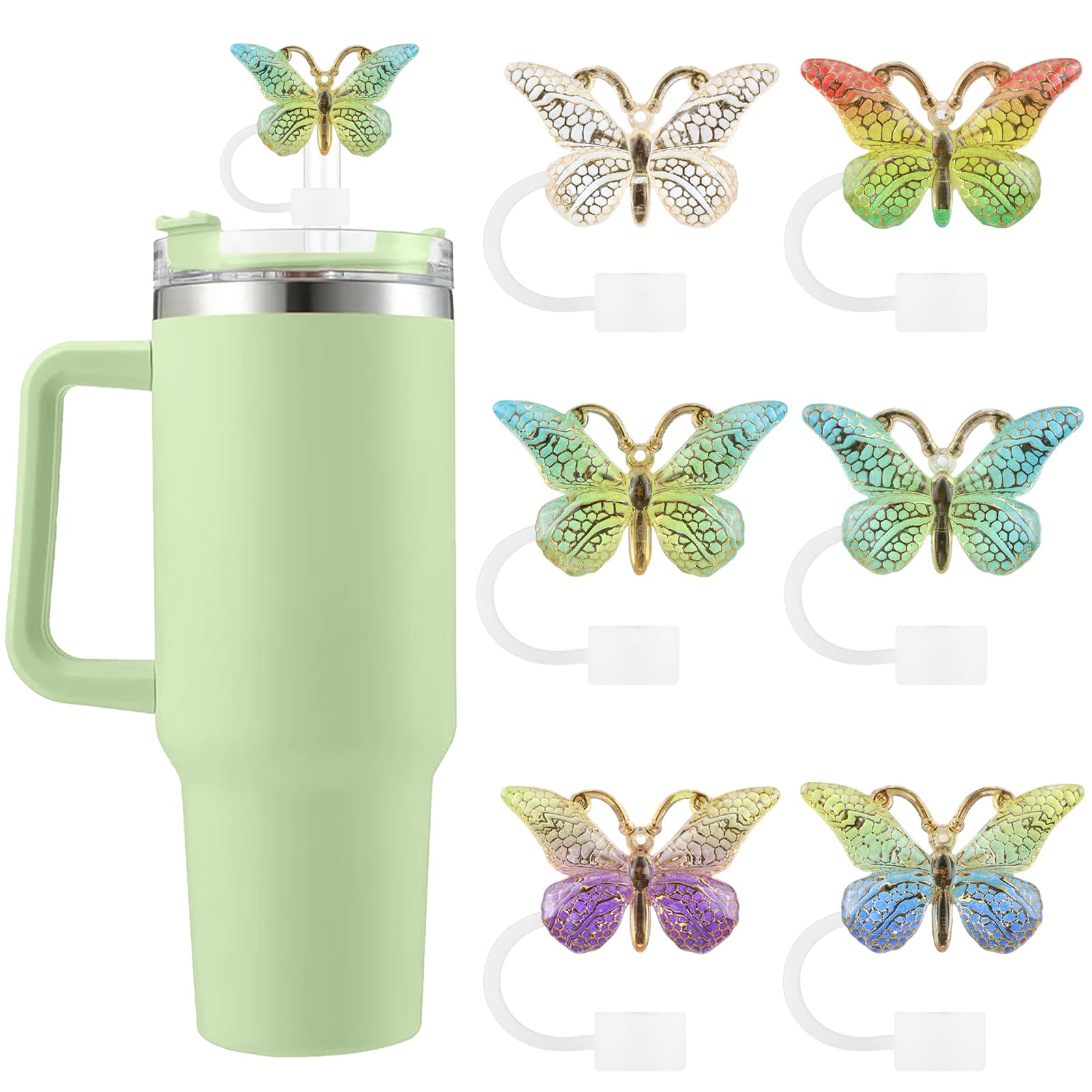 6PCS Cute Butterfly Straw Cover Cap for Stanley Cup Accessories,Bling Straw Toppers for Stanley Tumbler 40&30 oz,Reusable Straws Tips Protectors Compatible with 10mm Straws