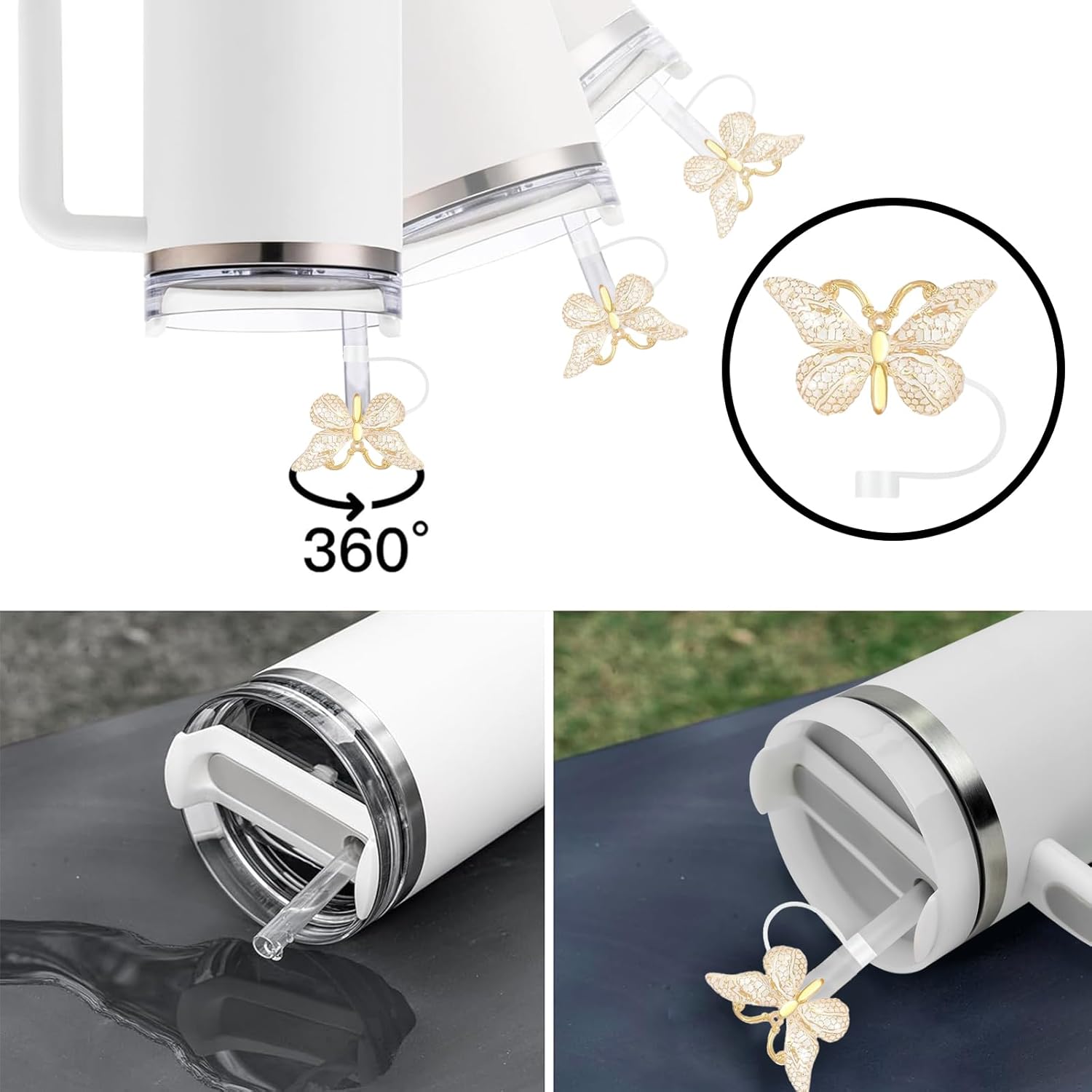 6PCS Cute Butterfly Straw Cover Cap for Stanley Cup Accessories,Bling Straw Toppers for Stanley Tumbler 40&30 oz,Reusable Straws Tips Protectors Compatible with 10mm Straws