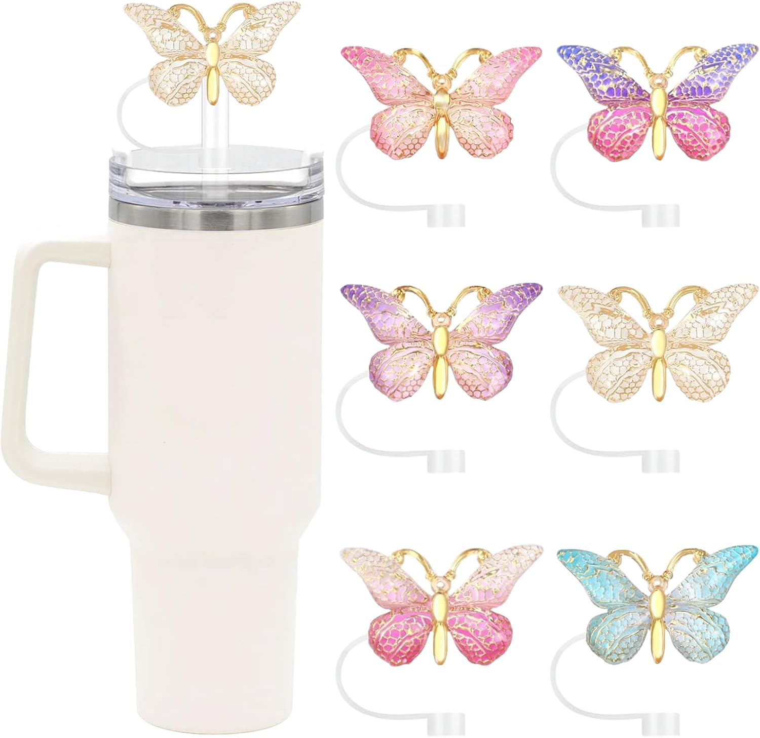 6PCS Cute Butterfly Straw Cover Cap for Stanley Cup Accessories,Bling Straw Toppers for Stanley Tumbler 40&30 oz,Reusable Straws Tips Protectors Compatible with 10mm Straws