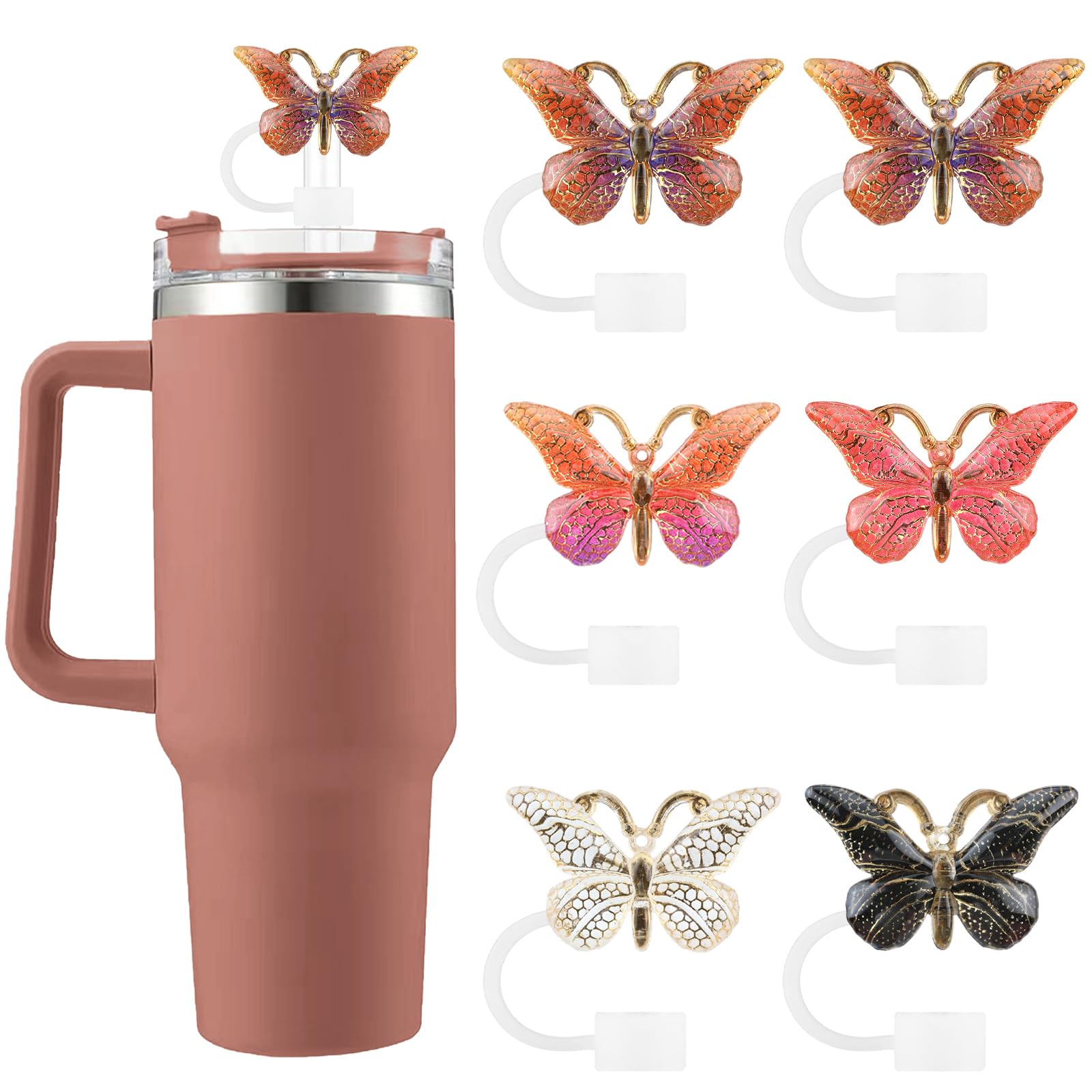 6PCS Cute Butterfly Straw Cover Cap for Stanley Cup Accessories,Bling Straw Toppers for Stanley Tumbler 40&30 oz,Reusable Straws Tips Protectors Compatible with 10mm Straws