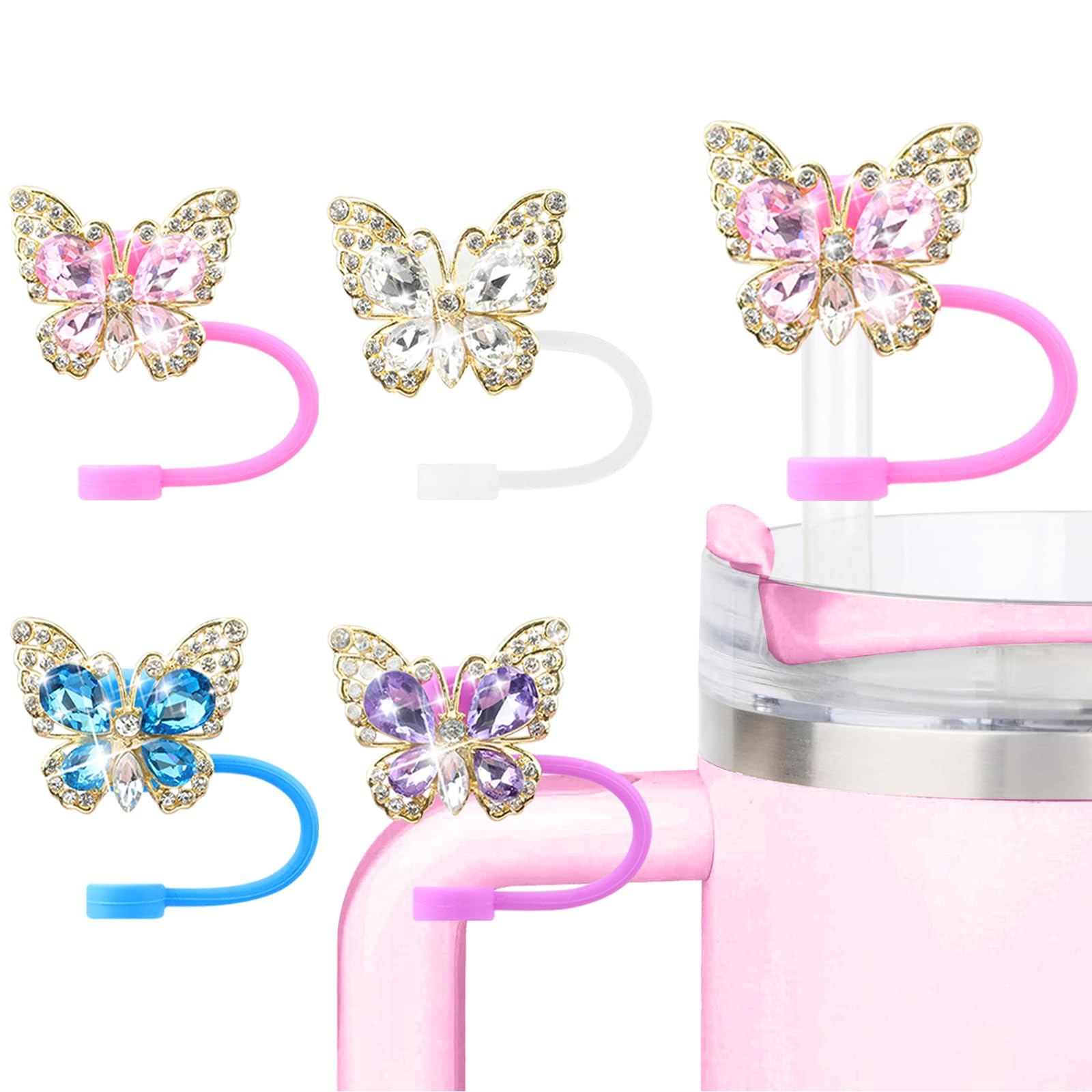 6PCS Cute Butterfly Straw Cover Cap for Stanley Cup Accessories,Bling Straw Toppers for Stanley Tumbler 40&30 oz,Reusable Straws Tips Protectors Compatible with 10mm Straws