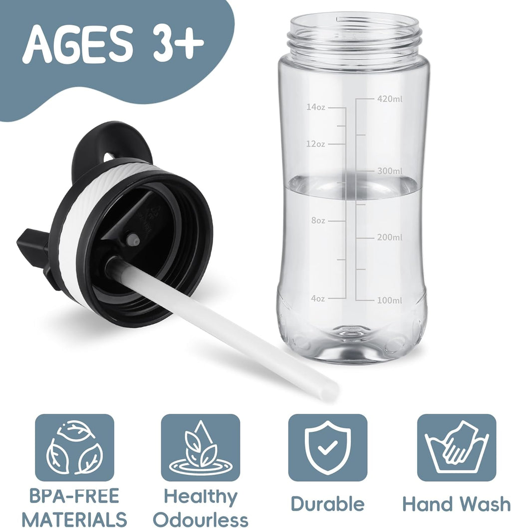 Kids Clear Water Bottle 14oz Flip with Straw Carry Handle, Leakproof, Reusable, Tritan, BPA Free, Suitable for Boys and Girls, Clear