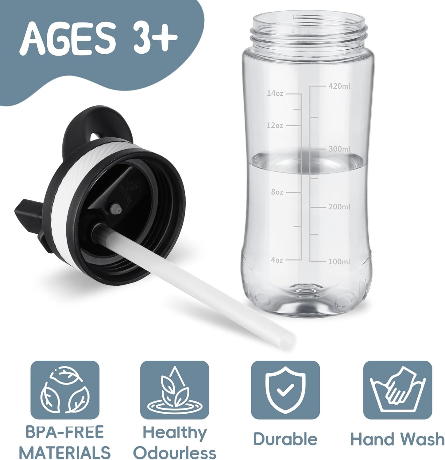 Kids Clear Water Bottle 14oz Flip with Straw Carry Handle, Leakproof, Reusable, Tritan, BPA Free, Suitable for Boys and Girls, Clear