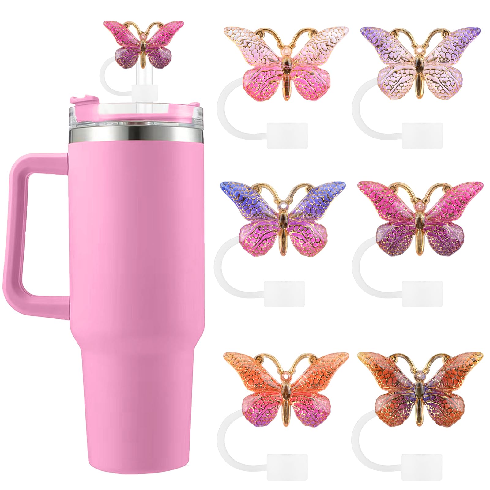 6PCS Cute Butterfly Straw Cover Cap for Stanley Cup Accessories,Bling Straw Toppers for Stanley Tumbler 40&30 oz,Reusable Straws Tips Protectors Compatible with 10mm Straws