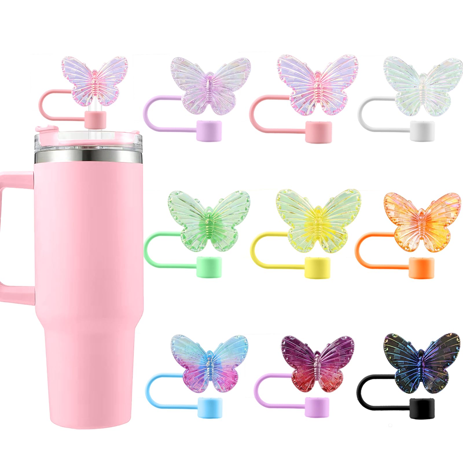 6PCS Cute Butterfly Straw Cover Cap for Stanley Cup Accessories,Bling Straw Toppers for Stanley Tumbler 40&30 oz,Reusable Straws Tips Protectors Compatible with 10mm Straws