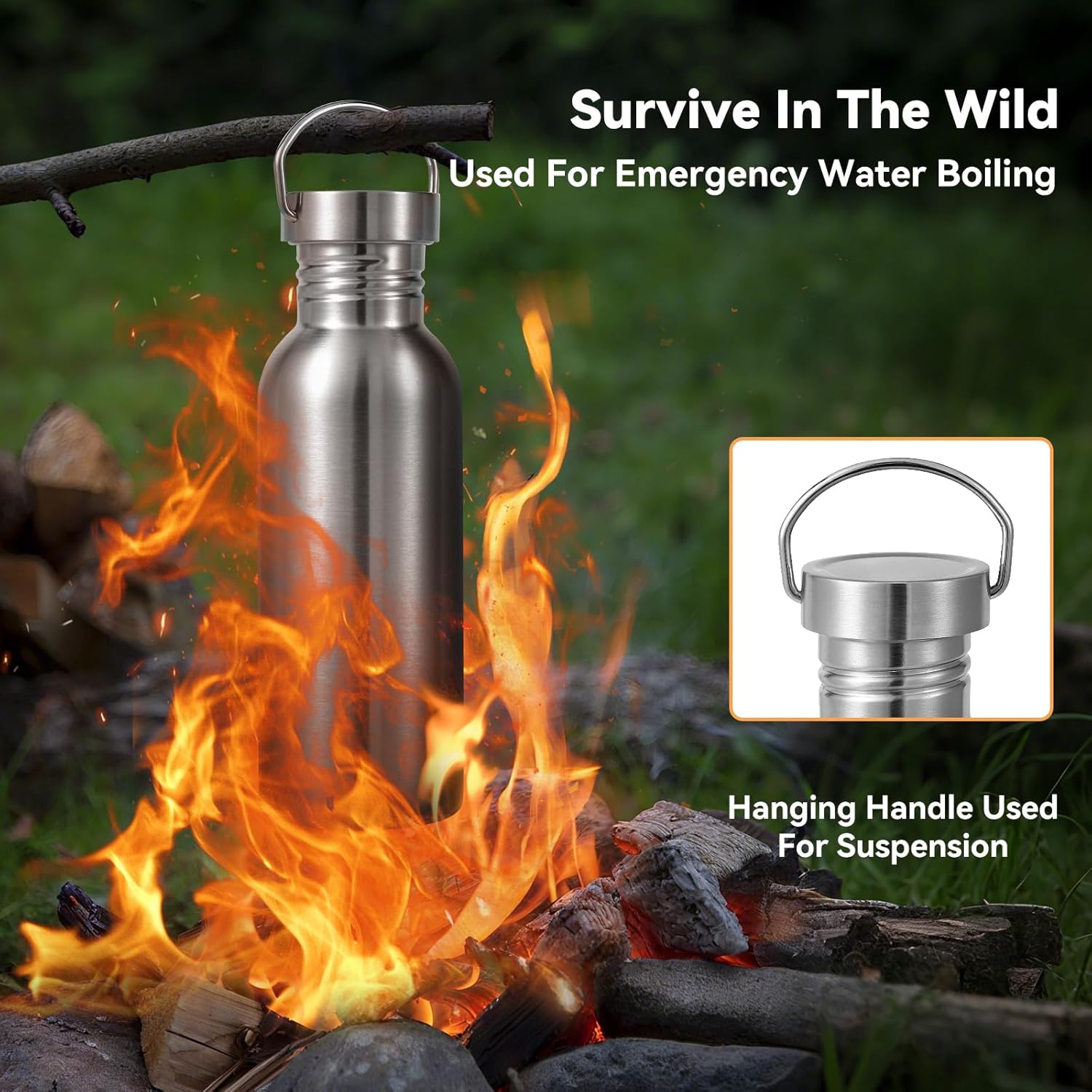 Volhoply 32oz Uninsulated Single Walled Water Bottle, Stainless Steel Reusable Water Bottles with Handle, BPA Free & Plastic Free 18/8 304 Metal Water Bottles for Camping, Hikers, Cyclists