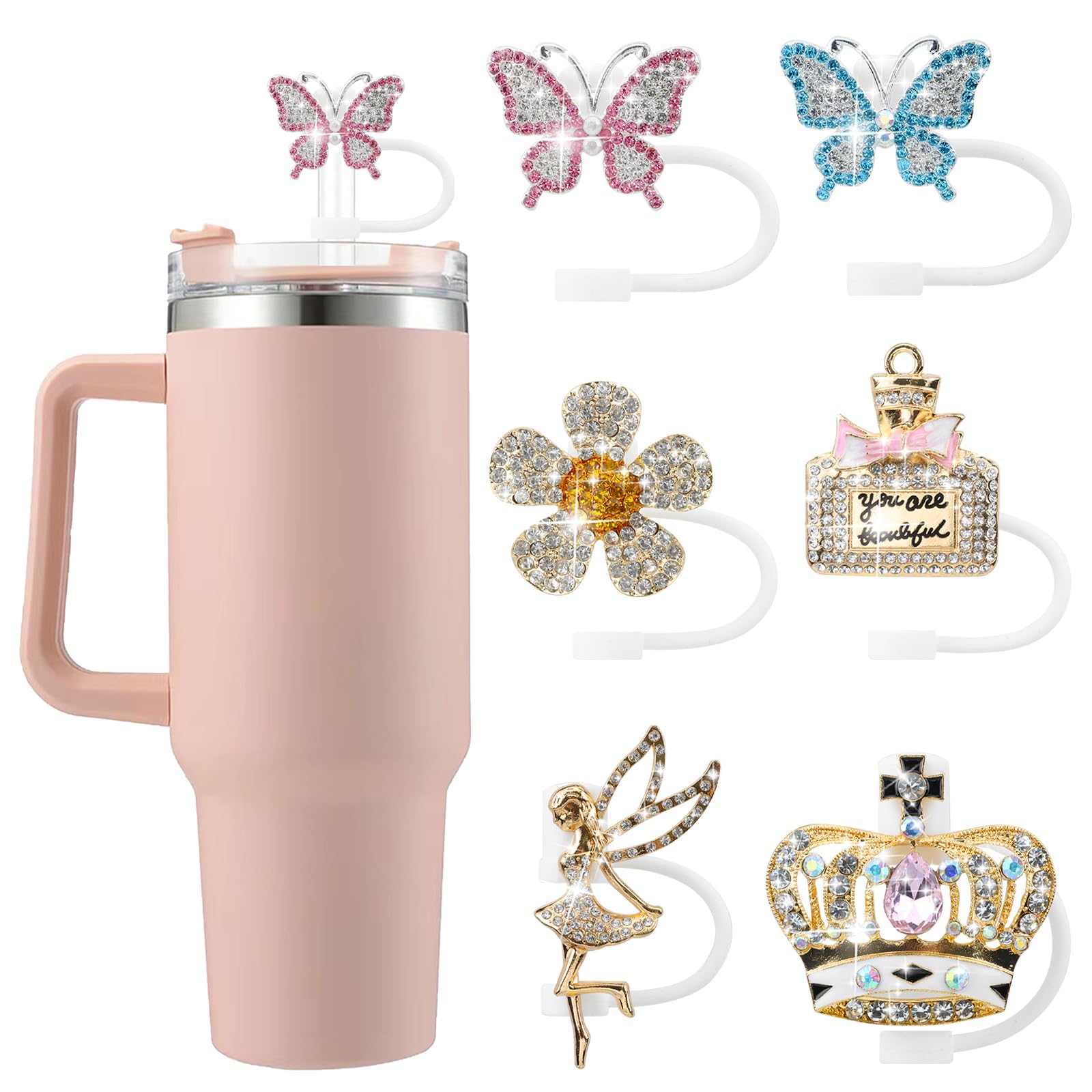 6PCS Cute Butterfly Straw Cover Cap for Stanley Cup Accessories,Bling Straw Toppers for Stanley Tumbler 40&30 oz,Reusable Straws Tips Protectors Compatible with 10mm Straws