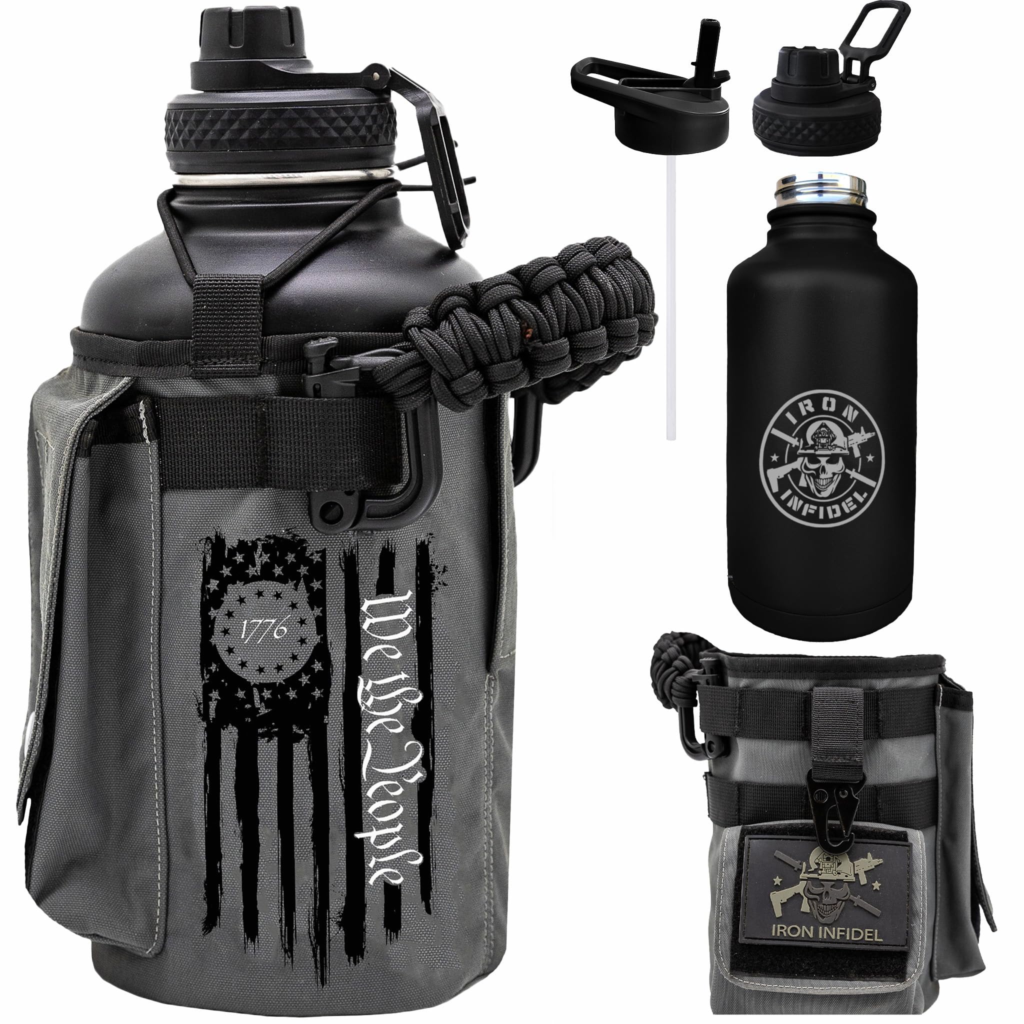 Iron Infidel Battle Bottle - One Gallon Insulated Water Bottle with Dual Carry Handles - 128 oz Tactical Stainless Steel Water Jug & Rugged Extra Large Sleeve With Storage (Betsy 128 Ounces)