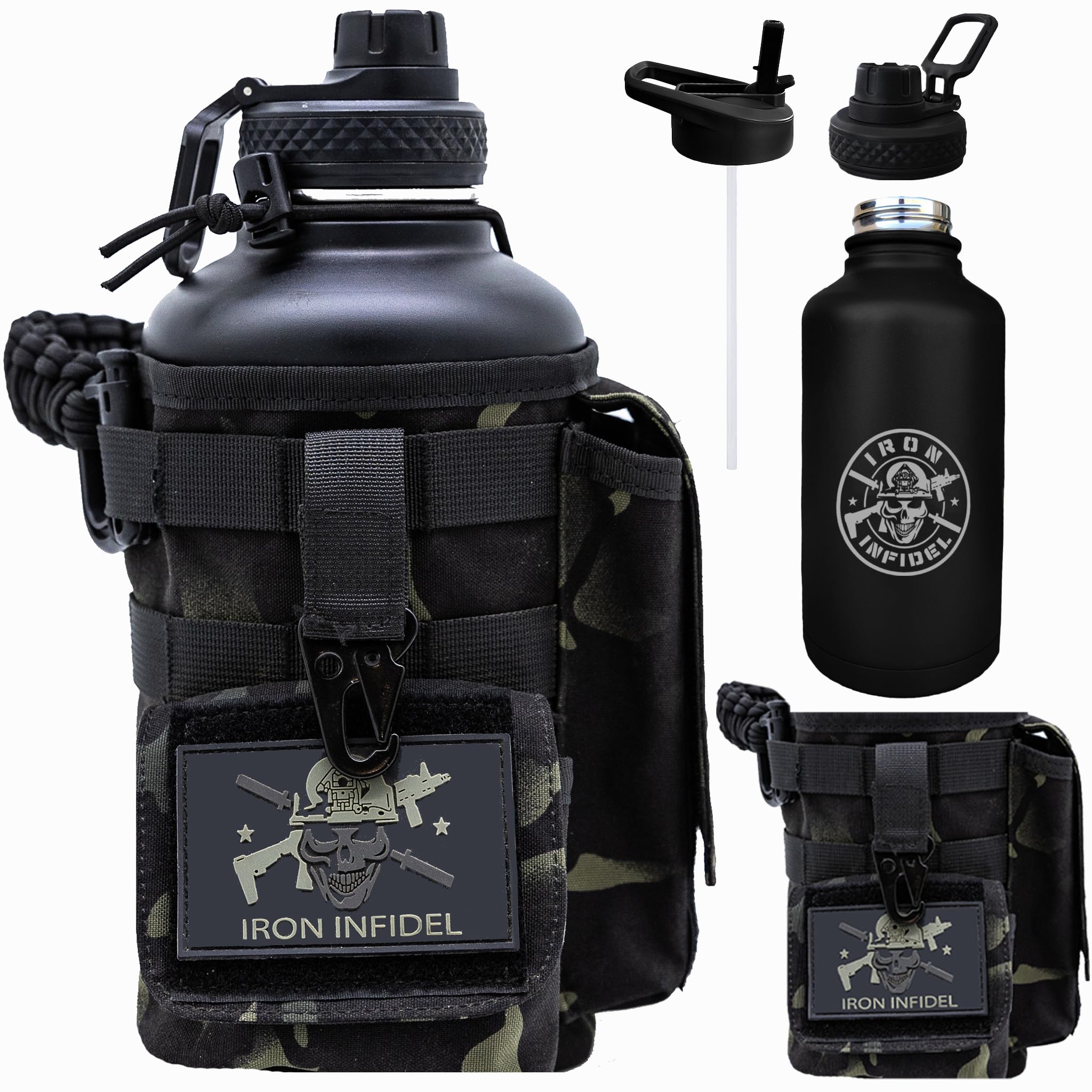Iron Infidel Battle Bottle - One Gallon Insulated Water Bottle with Dual Carry Handles - 128 oz Tactical Stainless Steel Water Jug & Rugged Extra Large Sleeve With Storage (Betsy 128 Ounces)